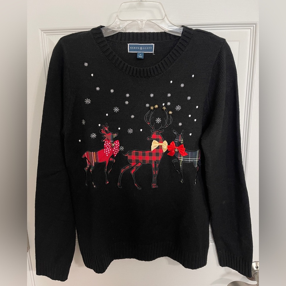Karen Scott Whimsy Christmas Sweater with Reindeer  Black Women’s Size Medium